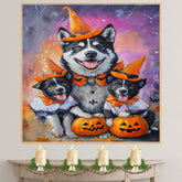 Halloween Akita Dog Wall Art with Pumpkins and Witch Hats Rustic Fall Dog Painting for Autumn Home Decor Pet Lover Gift Spooky Seasonal Wall Artwork on Ready to Hang 1.5" Thick Canvas Wrap, Floating Framed Canvas, Flat Rolled Canvas